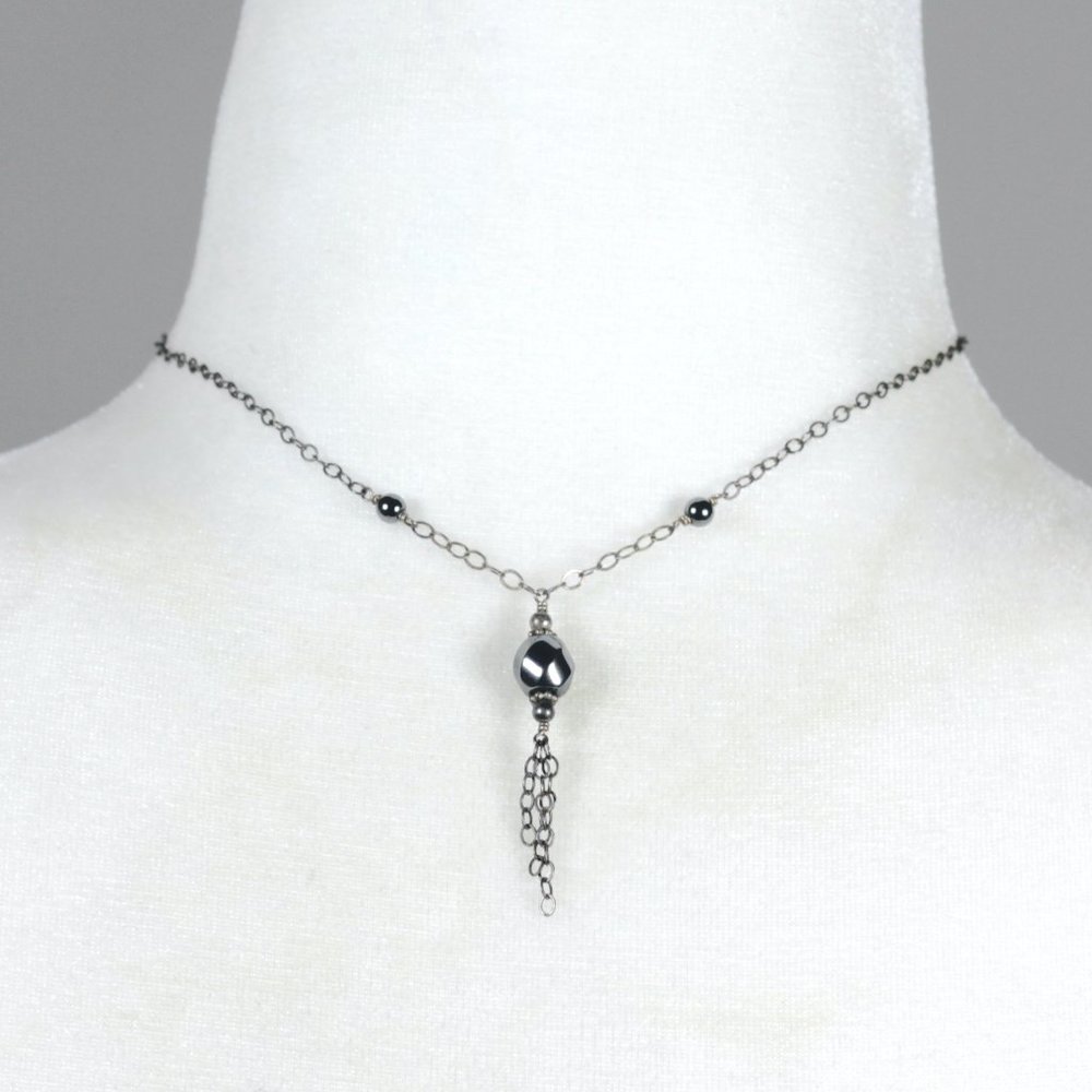Sterling Silver 925 Cable Chain Black Gemstone Bead Choker Tassel Necklace